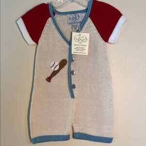 Zackali 4 Kids Basball Themed Cream and Blue Knit Romper. Batter Up!